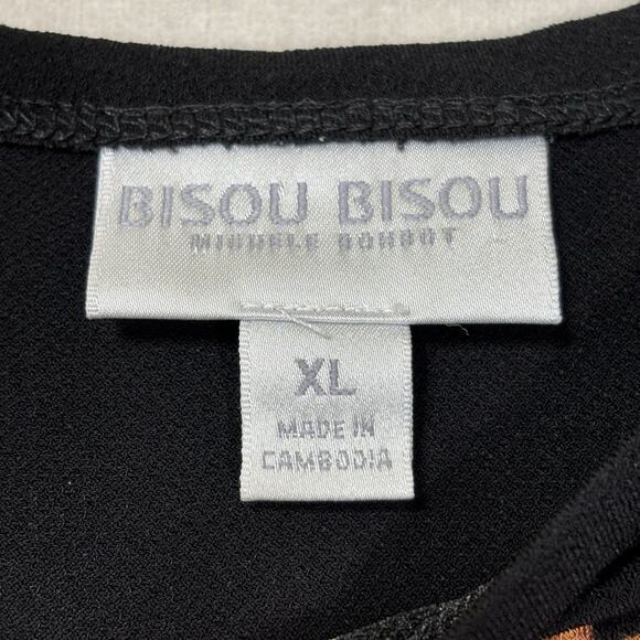 Bisou Bisou Black Pink Watercolor Floral Top Short Sleeve Lace Detail Artsy XL - Picture 4 of 8